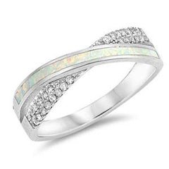 Sterling Silver Line Shaped White Lab Opal Ring With CZ Stones