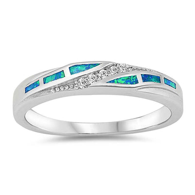 Sterling Silver  Curved Shaped Blue Lab Opal Ring