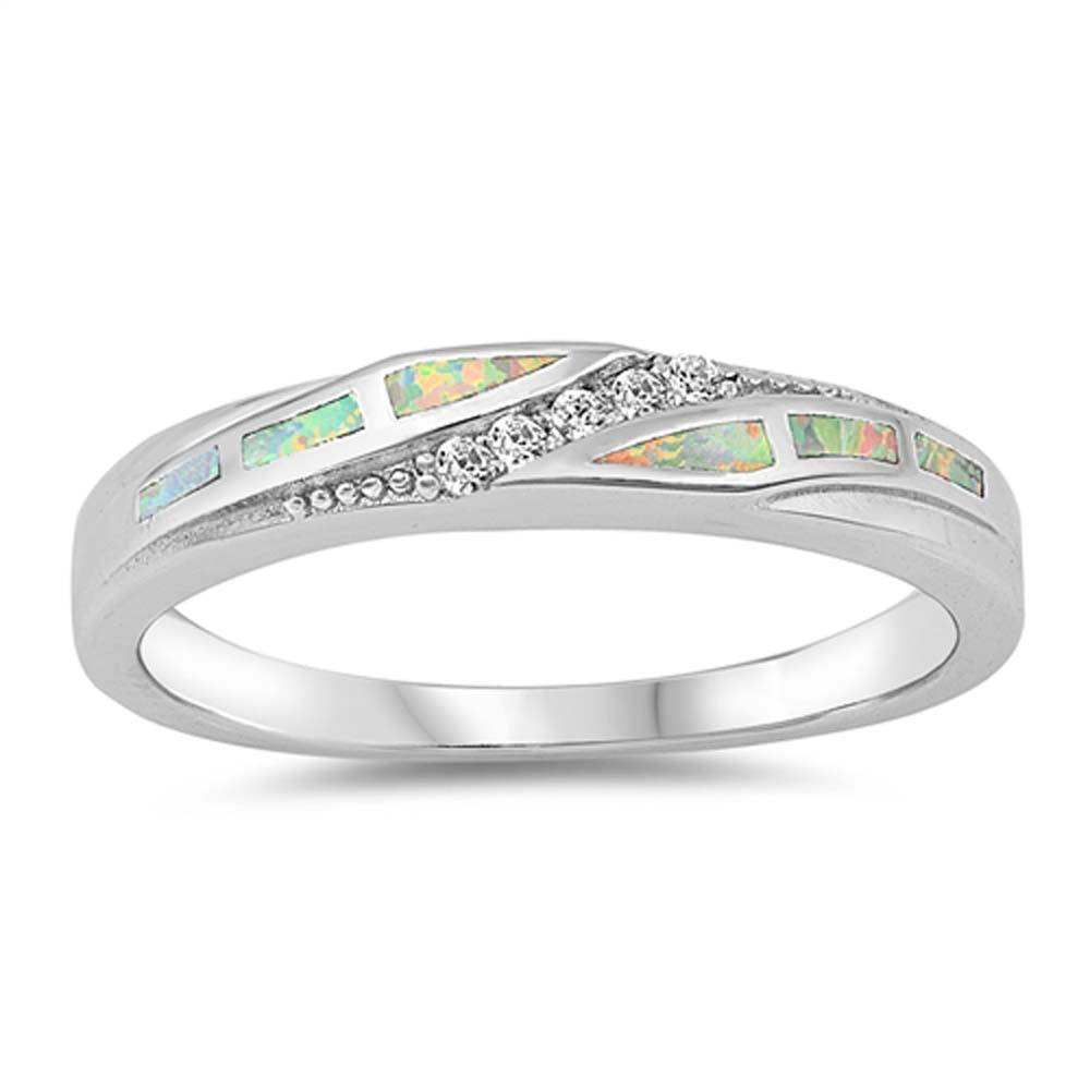 Sterling Silver  Curved Shaped White Lab Opal Ring
