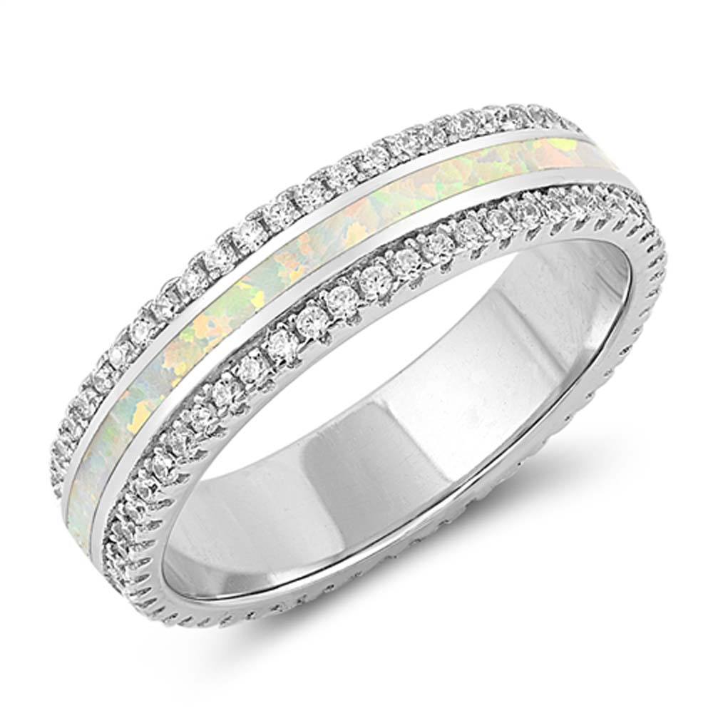 Sterling Silver Round Shaped White Lab Opal Ring