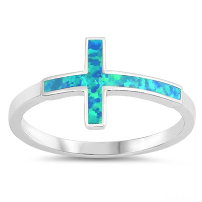 Sterling Silver Cross Shaped Blue Lab Opal Ring