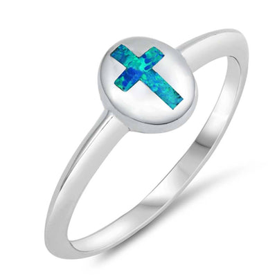 Sterling Silver Cross Shaped Blue Lab Opal Ring