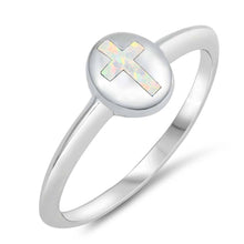 Load image into Gallery viewer, Sterling Silver Cross Shaped White Lab Opal Ring
