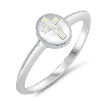 Sterling Silver Cross Shaped White Lab Opal Ring