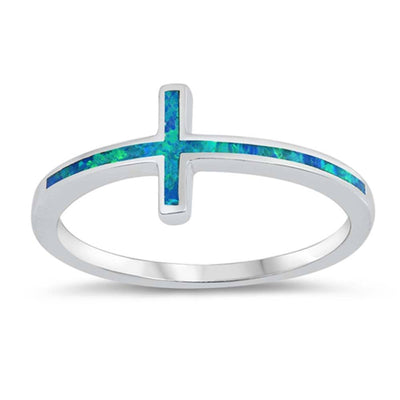 Sterling Silver Blue Lab Opal Thin Cross Ring