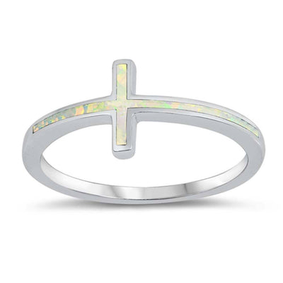 Sterling Silver White Lab Opal Thin Cross Ring