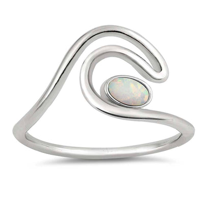 Sterling Silver Wave Shaped White Lab Opal Ring