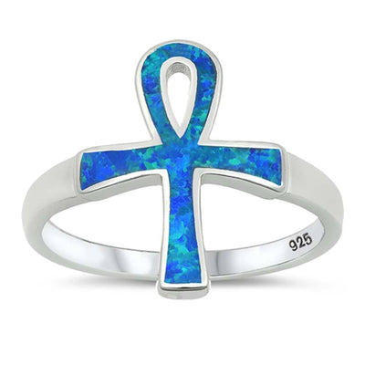 Sterling Silver Blue Lab Opal Ankh Ring
