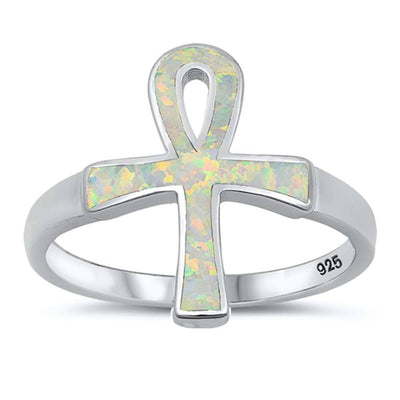 Sterling Silver White Lab Opal Ankh Ring