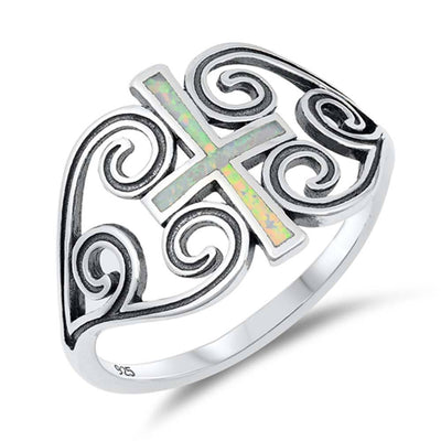 Sterling Silver White Lab Opal Cross Ring