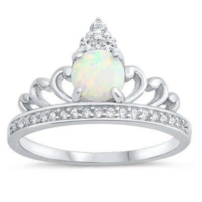 Sterling Silver White Lab Opal and CZ Crown Ring