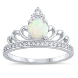 Sterling Silver White Lab Opal and CZ Crown Ring