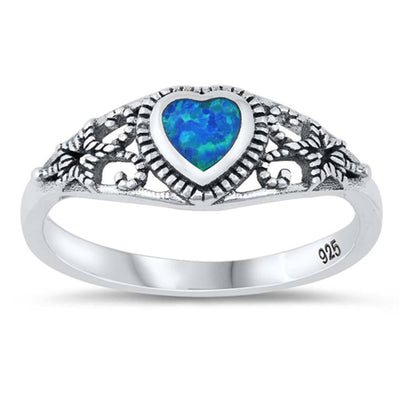 Sterling Silver Blue Lab Opal Heart Filigree Ring
