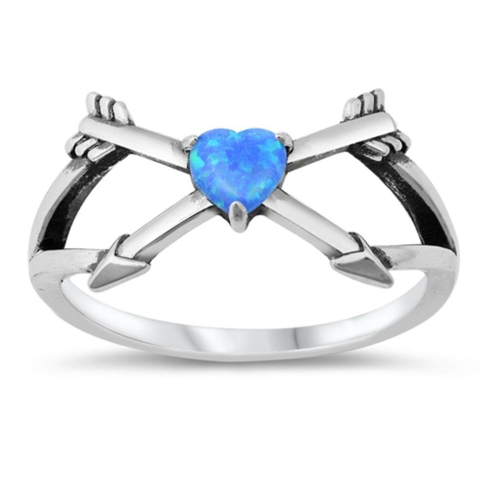 Sterling Silver Oxidized Heart and Arrows Lab Blue Opal CZ Ring - silverdepot