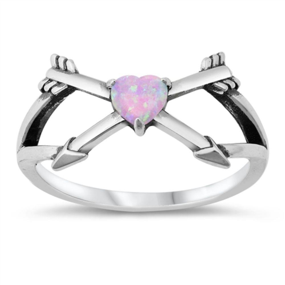 Sterling Silver Oxidized Heart and Arrows Lab Pink Opal CZ Ring - silverdepot