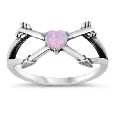 Sterling Silver Oxidized Heart and Arrows Lab Pink Opal CZ Ring - silverdepot