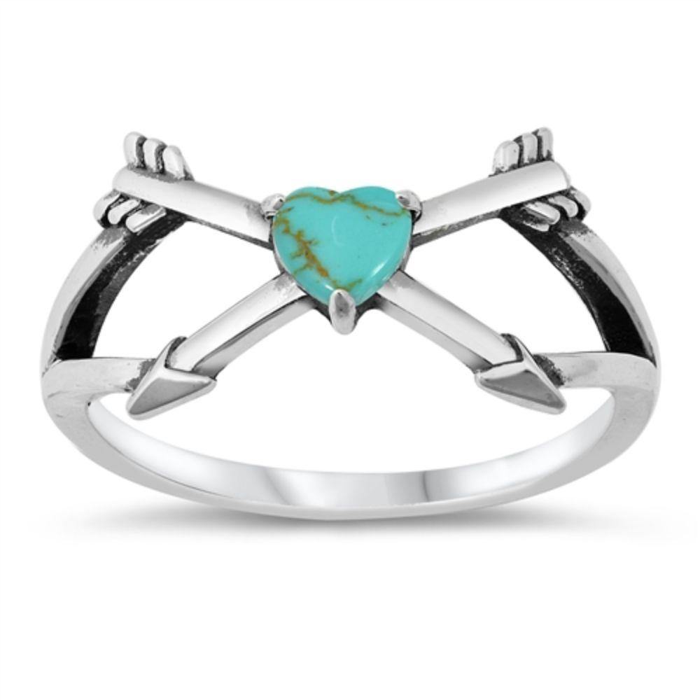 Sterling Silver Simulated Turquoise Heart Arrows CZ Ring - silverdepot