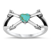 Load image into Gallery viewer, Sterling Silver Simulated Turquoise Heart Arrows CZ Ring - silverdepot