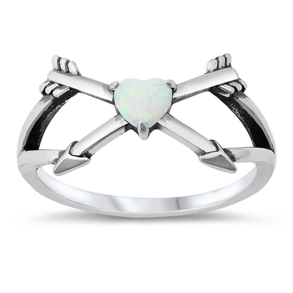Sterling Silver Heart Arrows White Lab Opal Ring--12mm