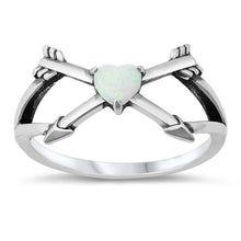 Load image into Gallery viewer, Sterling Silver Heart Arrows White Lab Opal Ring--12mm
