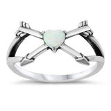 Sterling Silver Heart Arrows White Lab Opal Ring--12mm