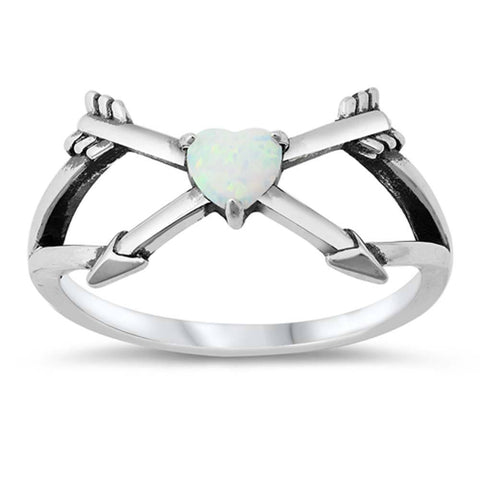 Sterling Silver Heart Arrows White Lab Opal Ring--12mm