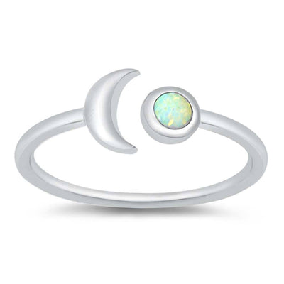Sterling Silver Crescent Moon White Lab Opal Ring
