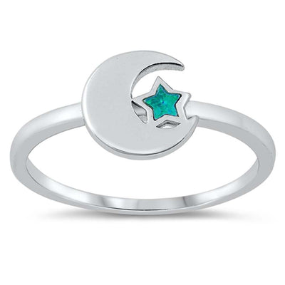 Sterling Silver Lab Opal Moon and Star Ring