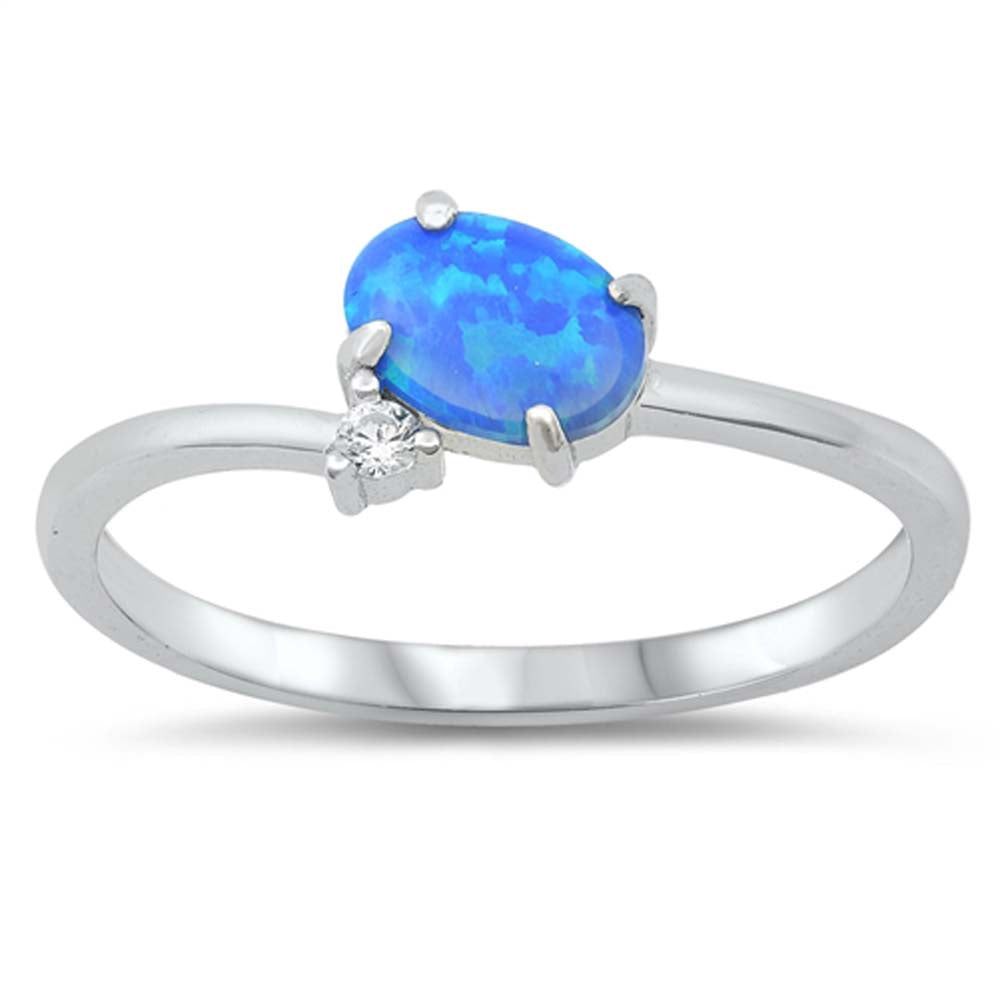 Sterling Silver Blue Lab Opal Oval Ring, Face Height of 7mm