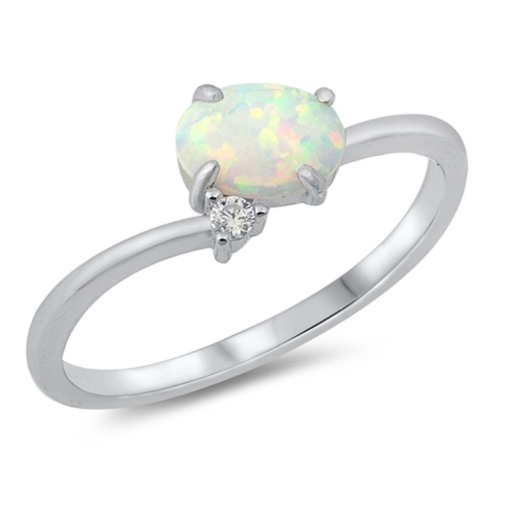 Sterling Silver White Lab Opal Oval Ring, Face Height of 7mm