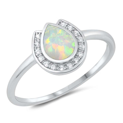 Sterling Silver 10mm Tear Drop White Lab Opal Ring