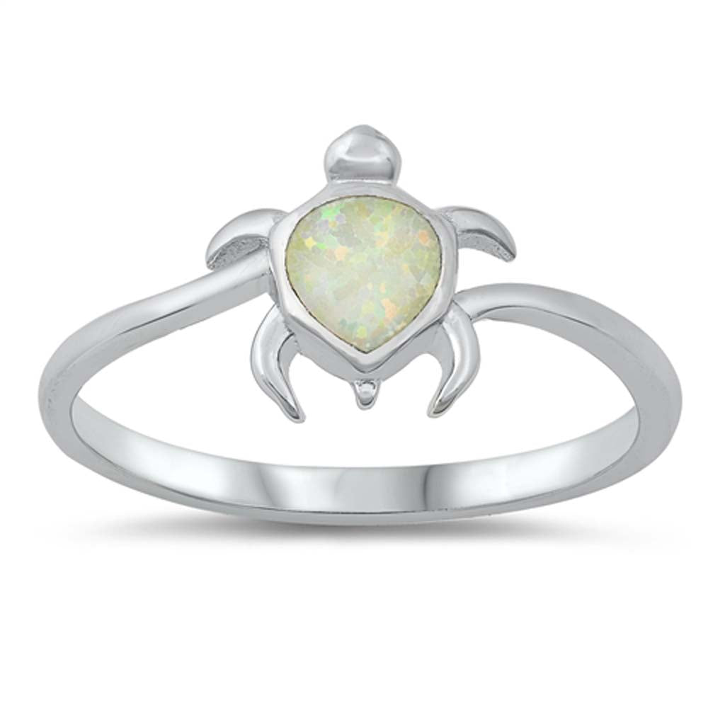 Sterling Silver White Lab Opal 10mm Turtle Ring