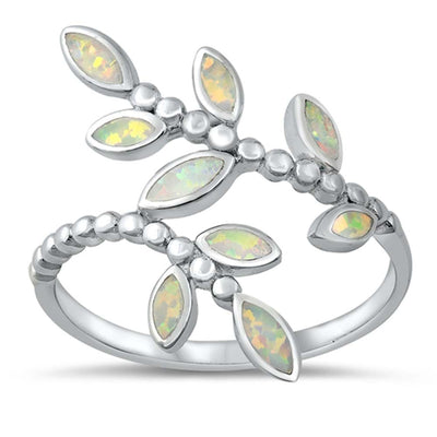 Sterling Silver Lab Opal Leaves Ring