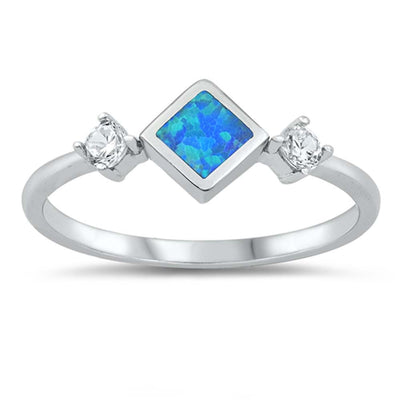 Sterling Silver Blue Lab Opal Diamond Shape Center with Side CZ Ring