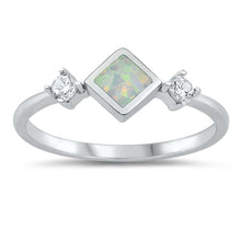 Load image into Gallery viewer, Sterling Silver White Lab Opal Diamond Shape Center with Side CZ Ring