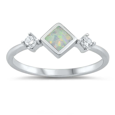 Sterling Silver White Lab Opal Diamond Shape Center with Side CZ Ring