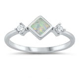 Sterling Silver White Lab Opal Diamond Shape Center with Side CZ Ring