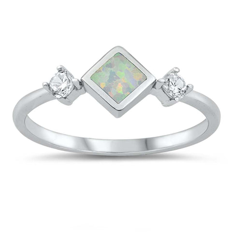 Sterling Silver White Lab Opal Diamond Shape Center with Side CZ Ring