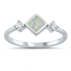 Sterling Silver White Lab Opal Diamond Shape Center with Side CZ Ring