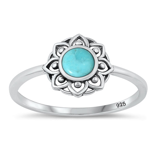 Sterling Silver Oxidized Mandala Genuine Turquoise Stone Ring Face Height-10mm
