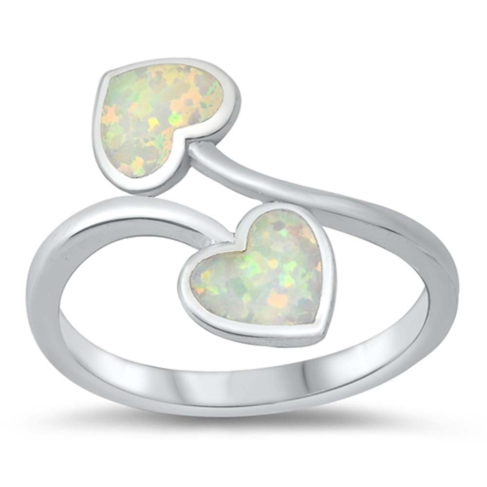 Sterling Silver Two Hearts Lab Opal Ring