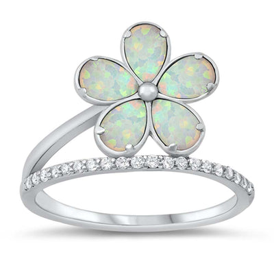 Sterling Silver Lab Opal Plumeria Ring