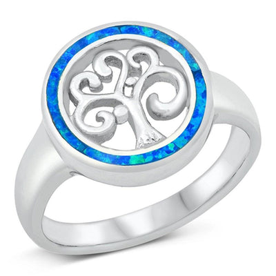Sterling Silver Rhodium Plated Blue Lab Opal Tree Of Life Ring - silverdepot