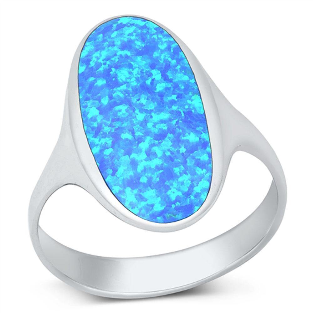 Sterling Silver Rhodium Plated Blue Lab Opal Elongated Oval Ring - silverdepot