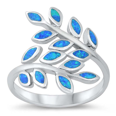 Sterling Silver Fern Leaves Blue Lab Opal Ring
