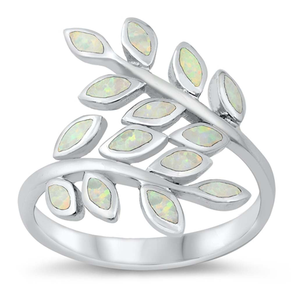 Sterling Silver Fern Leaves White Lab Opal Ring