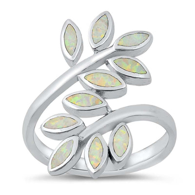Sterling Silver Leaves White Lab Opal Ring