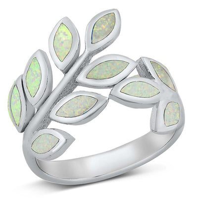 Sterling Silver Leaves White Lab Opal Ring