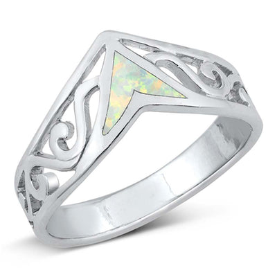 Sterling Silver V Shape White Lab Opal Ring