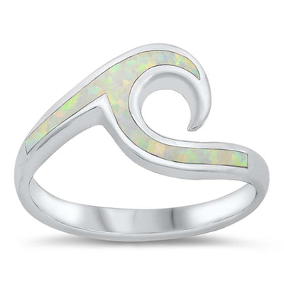 Sterling Silver Wave White Lab Opal Ring